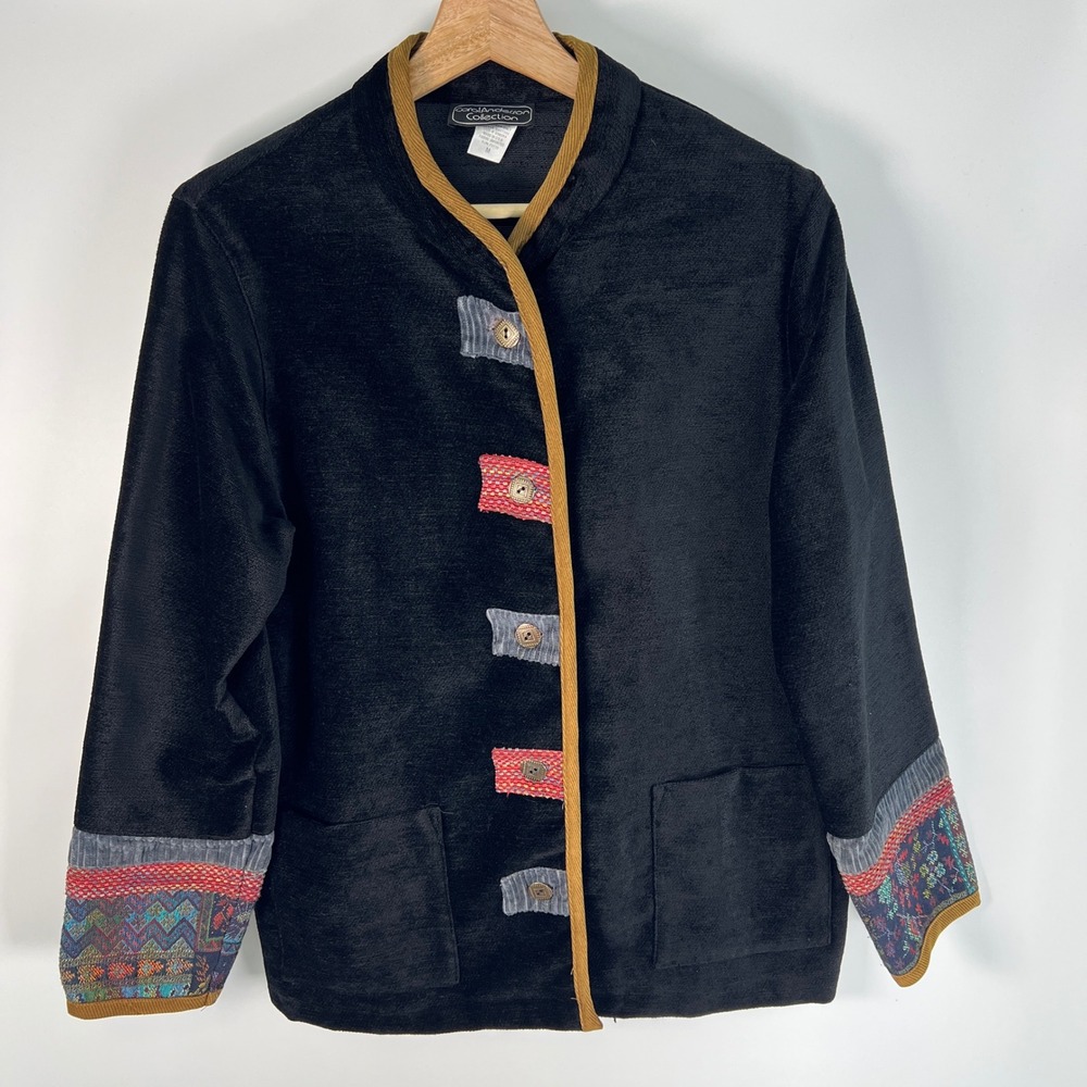 Carol Anderson Collection Black Chenille Patchwork Jacket Boho Art to Wear M